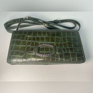 Brighton Cher patent green crocodile embossed crossbody wallet